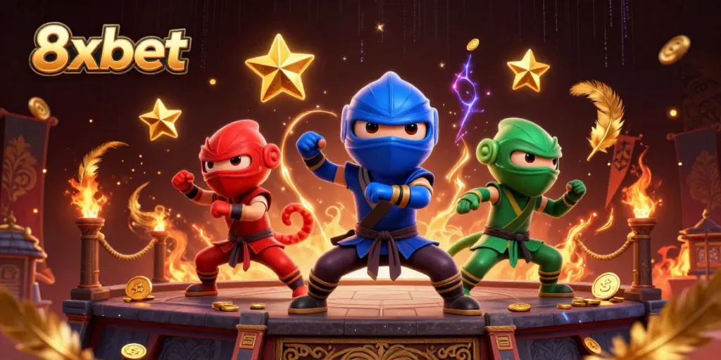 Engage with vibrant 8xbet-themed action featuring chameleon ninjas in an exciting competition setting.