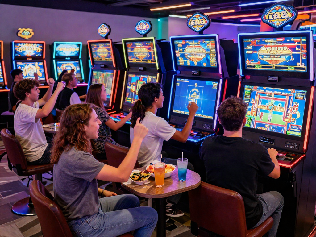 Exciting scene of players enjoying สล็อตเว็บตรง in a lively gaming lounge.