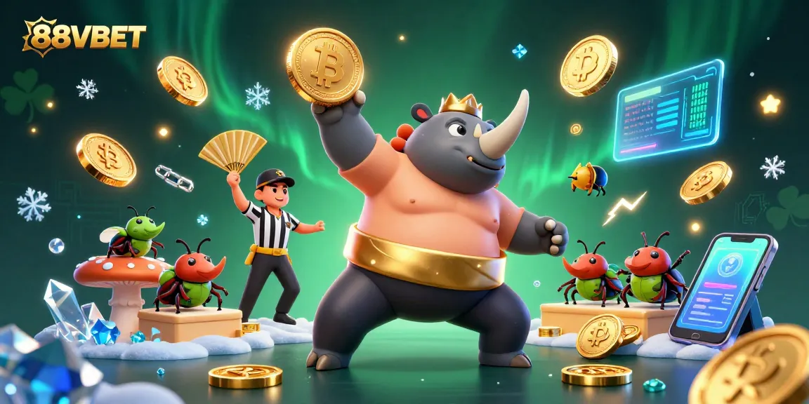 Join the excitement at 88VBET with a dynamic scene featuring a sumo beetle champion and glowing crypto elements.