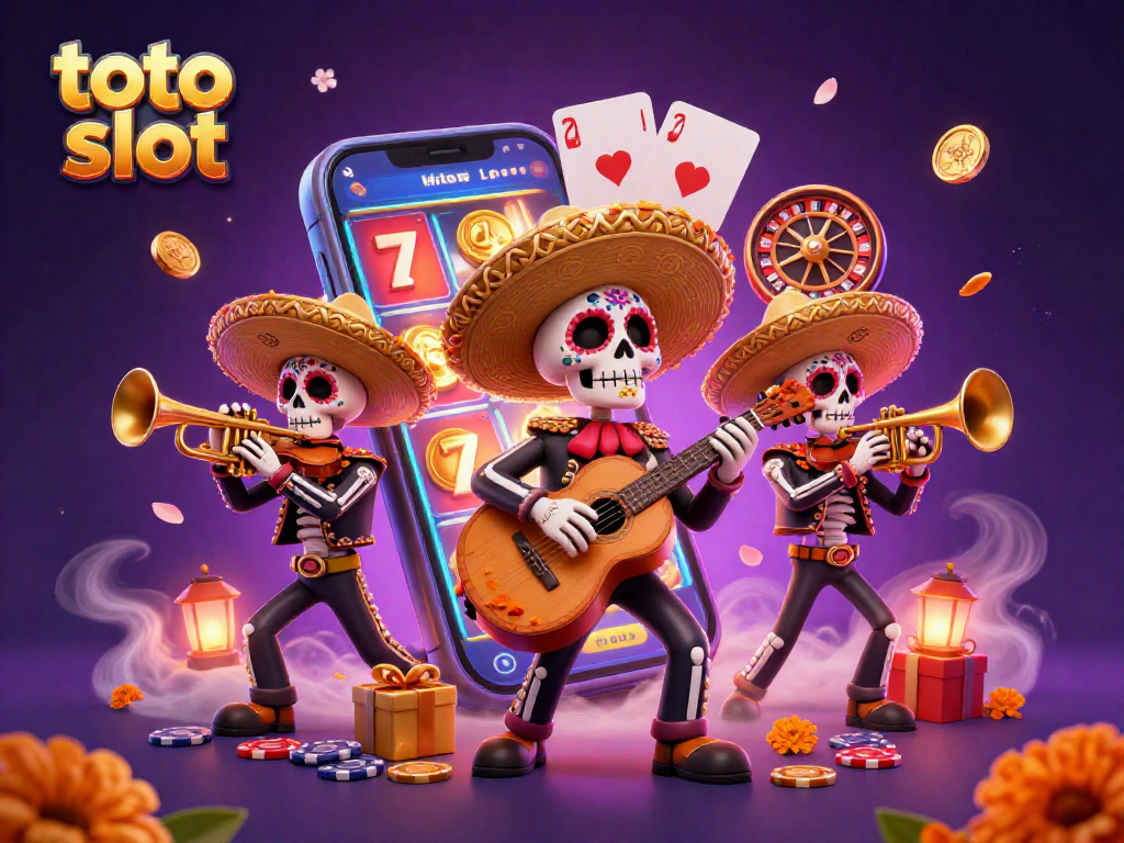 Permainan toto slot menarik dengan band mariachi tengkorak, koin emas mengalir dari smartphone.