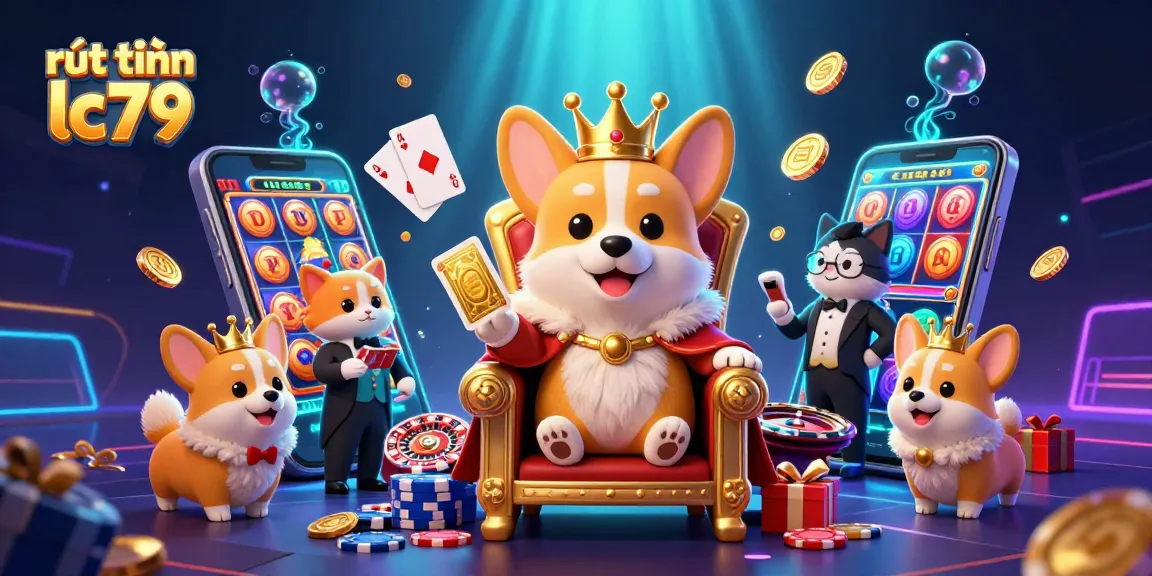 Rút tiền lc79 từ cổng game đổi thưởng với hình ảnh sinh động của chú chó hoàng gia và các yếu tố game hấp dẫn.