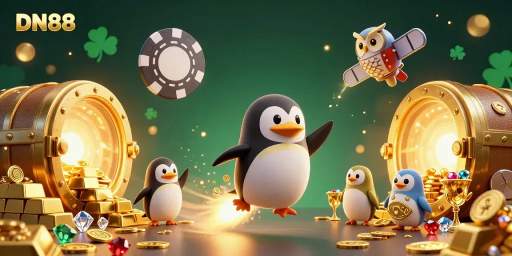 Experience the exciting world of DN88 as a golden penguin rockets to a casino space station, surrounded by treasures and vibrant colors.