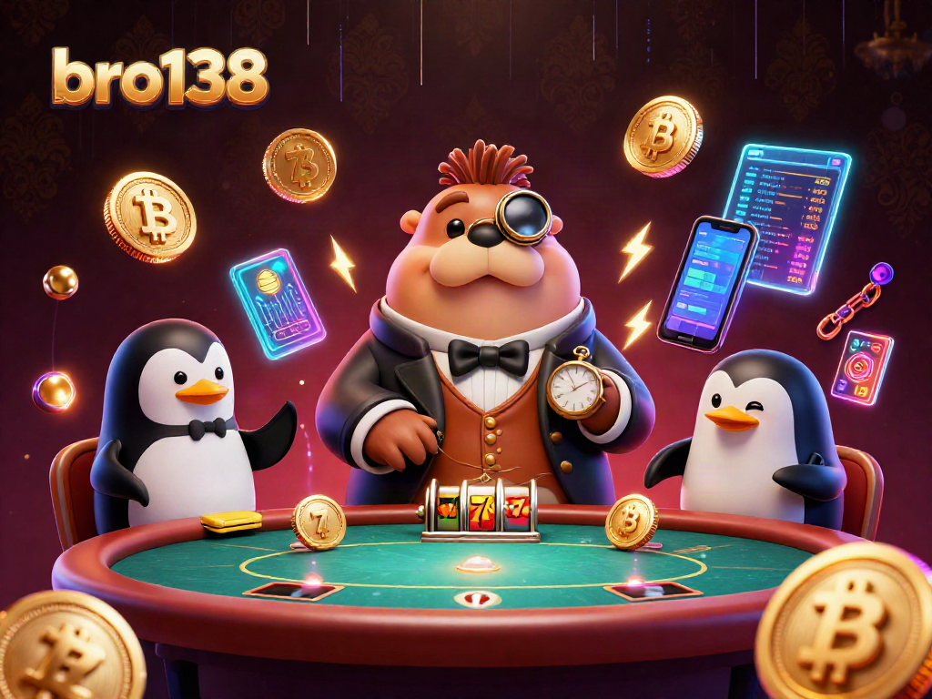 Engage in an exciting poker scene with bro138, showcasing vibrant characters and gambling assets.