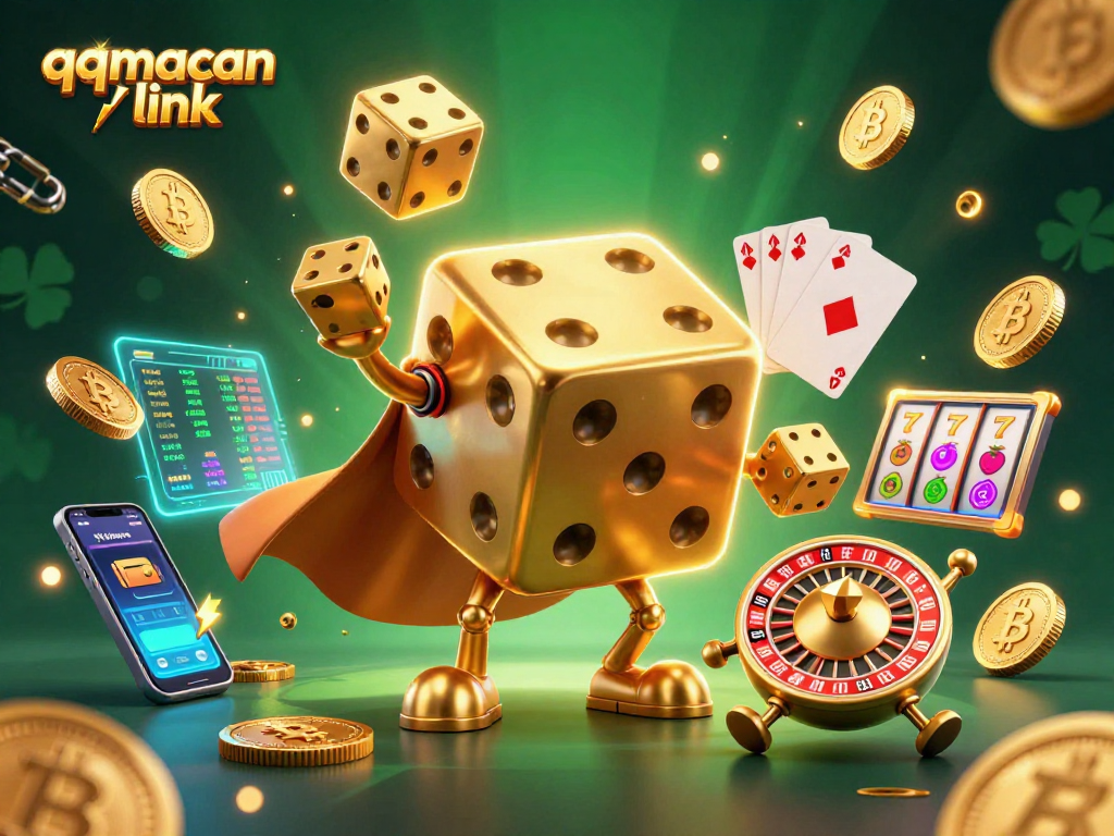 Engage with the thrilling qqmacan link showcasing a dynamic 3D casino scene filled with golden dice and crypto elements.