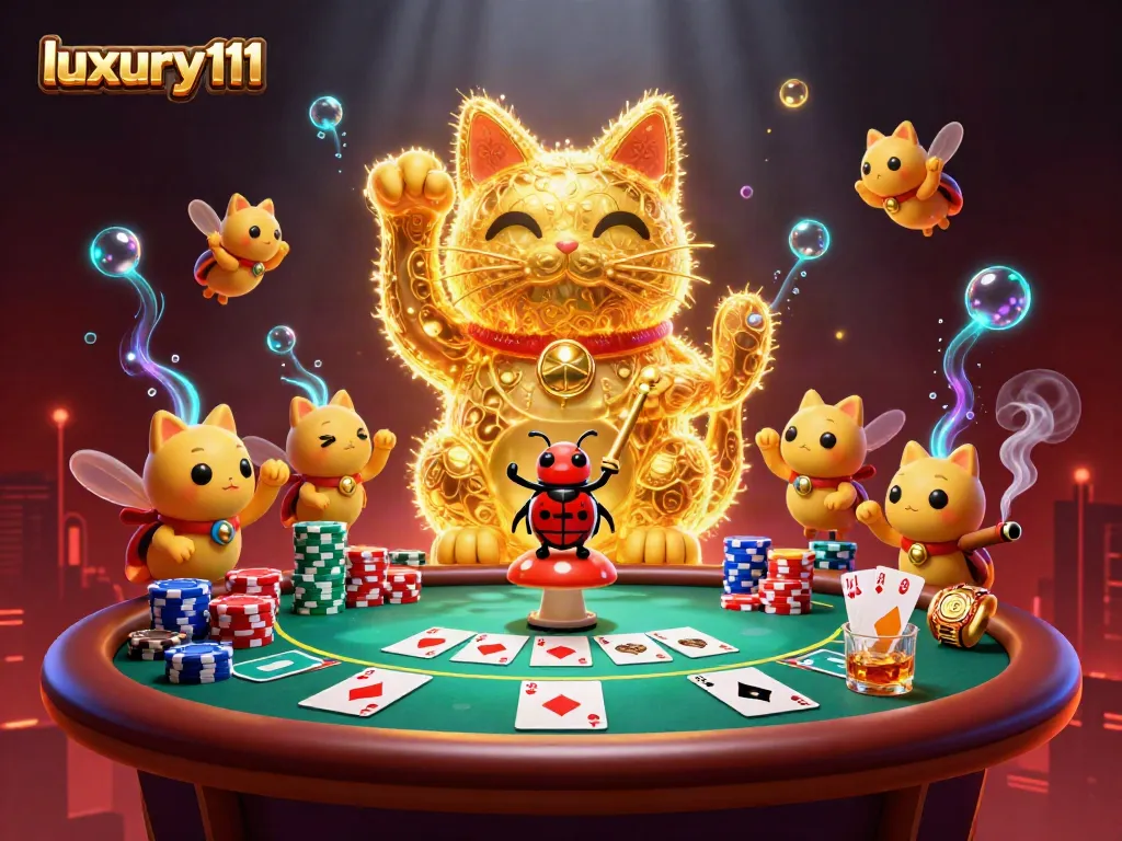 Engage with luxury111 at casino tables featuring vibrant poker chips, a lucky cat, and a conductor beetle.