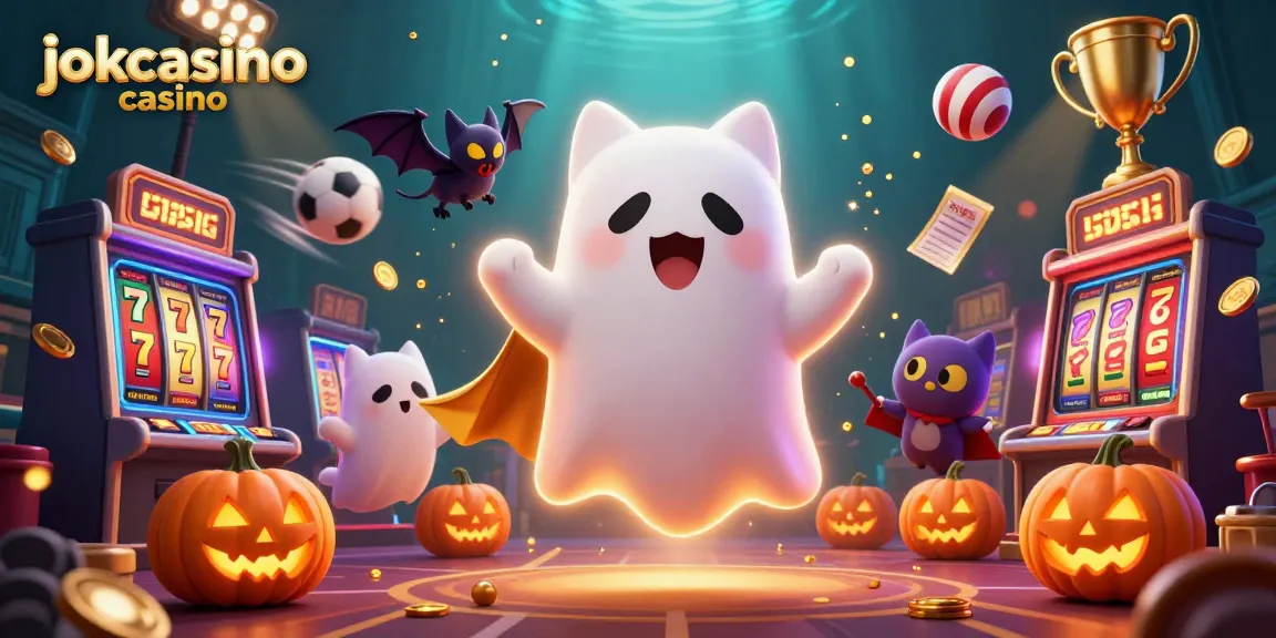 Engage with jokacasino casino in a vibrant illustration featuring a ghost cat and dynamic gaming elements.