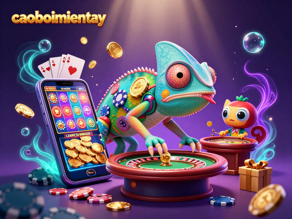 Play thrilling games in caoboimientay's vibrant casino world with an enormous chameleon owner amidst golden coins.
