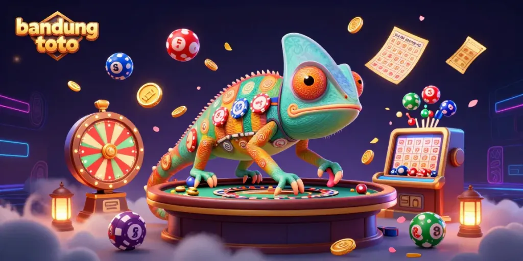 Play engaging games on bandung toto with a vibrant scene of a chameleon casino owner surrounded by exciting elements.