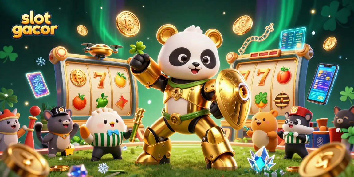 Bermain slot gacor dengan panda emas di arena kasino penuh gemerlap.