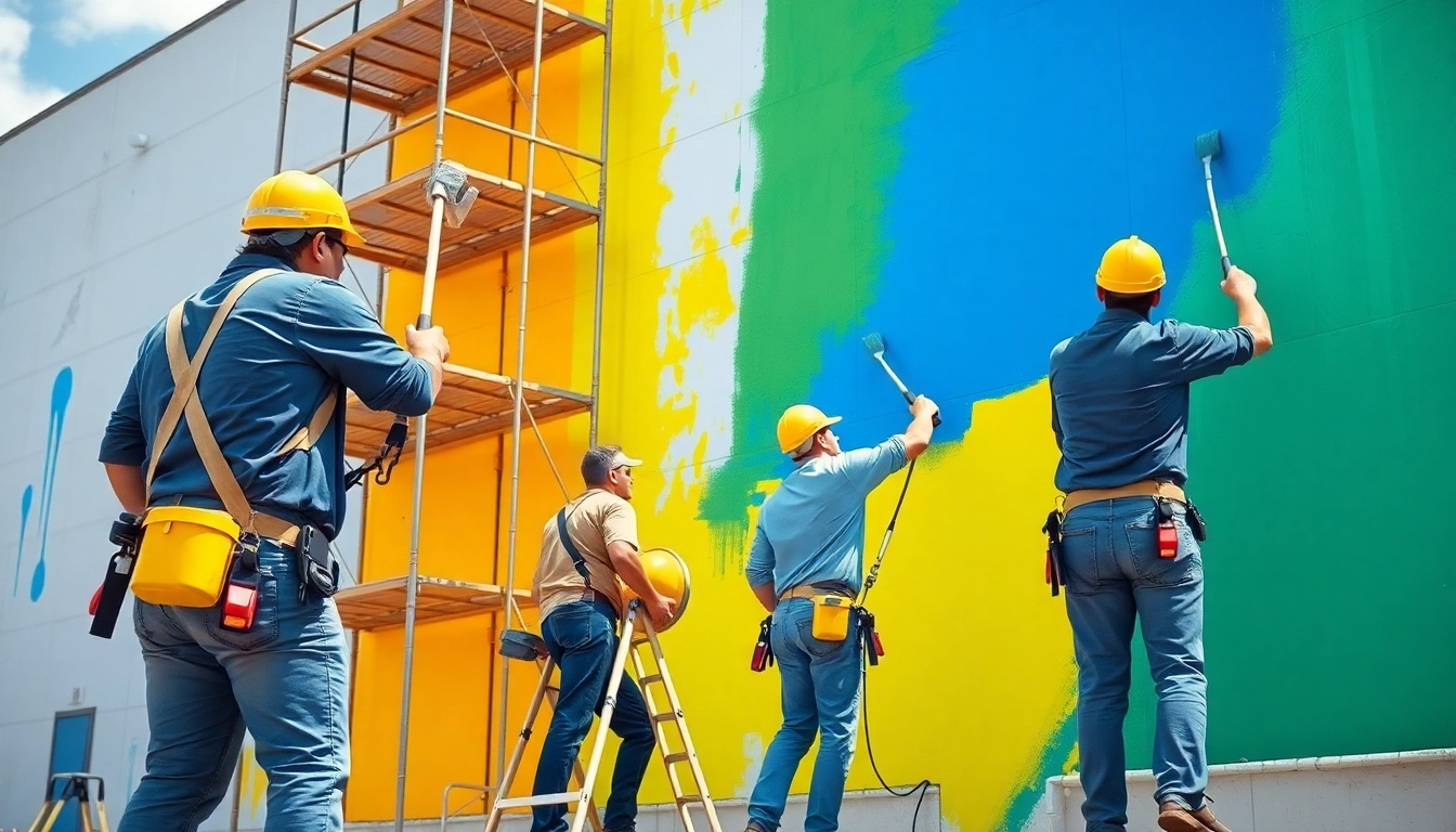 Commercial painting crew revitalizing a building with vibrant colors and professional tools.
