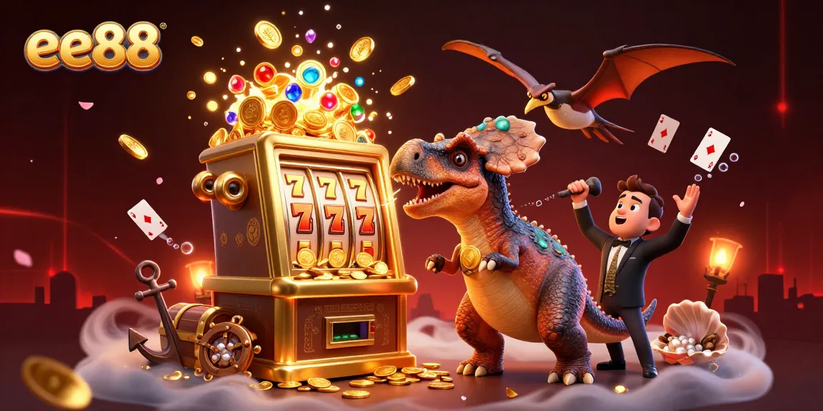 ee88 engages players with a vibrant scene featuring a dinosaur hitting a golden slot machine.