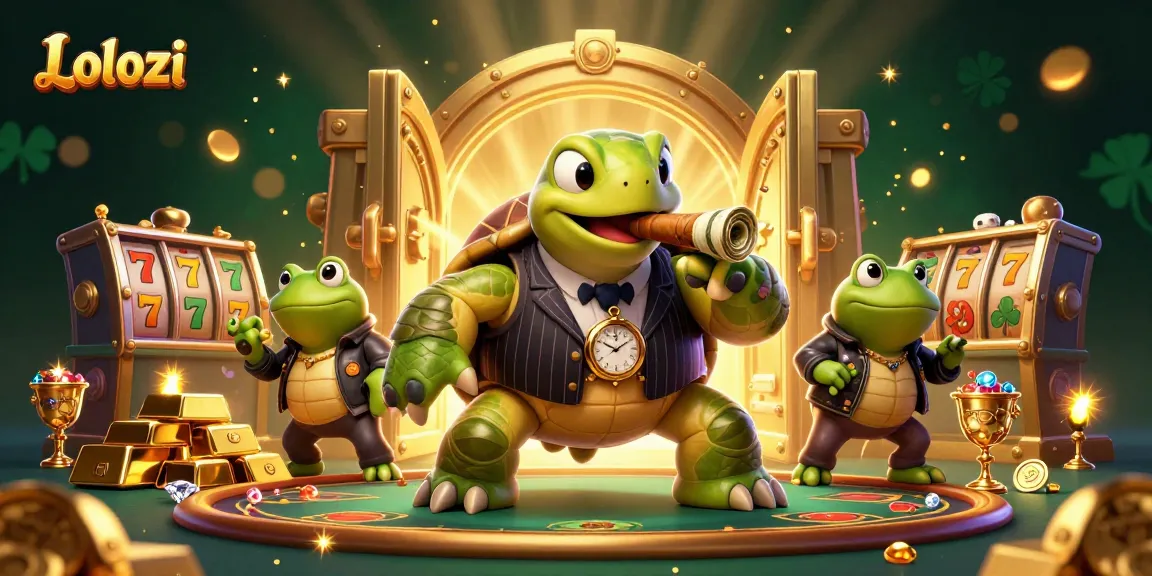 Lolozi showcases vibrant casino action with a massive snapping turtle and enforcers amidst gold treasures.