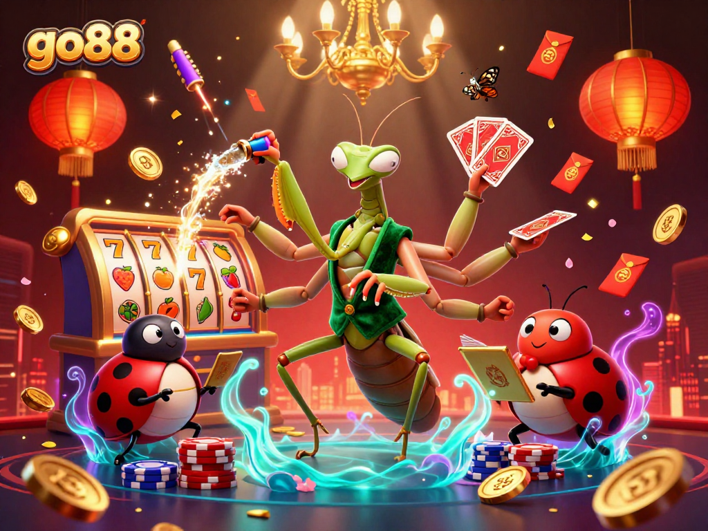 Experience excitement with go88 as a giant praying mantis deals cards in a lively casino scene.
