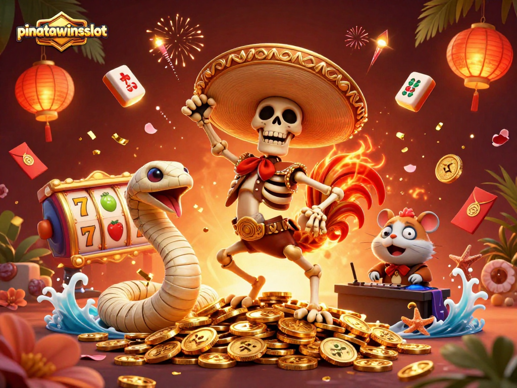 Experience the thrill of pinatawinsslot with a vibrant illustration of dancing characters and casino elements.