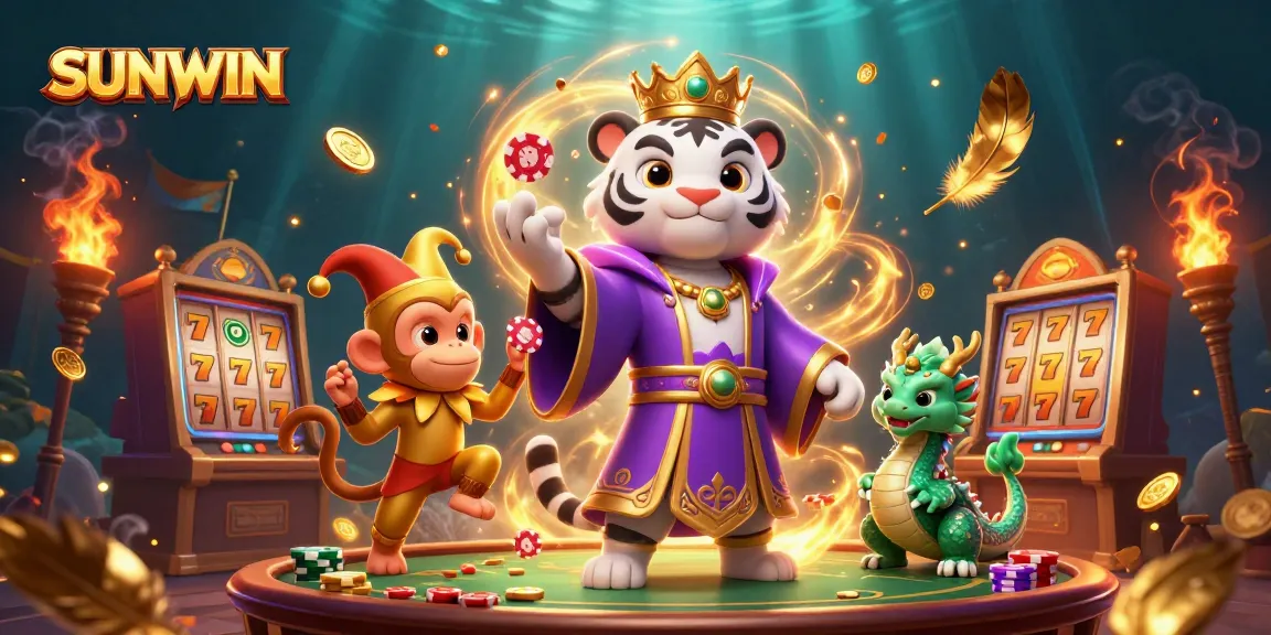 SUNWIN celebrates the thrill of gambling with a tiger, monkey, and dragon in an exciting casino scene.