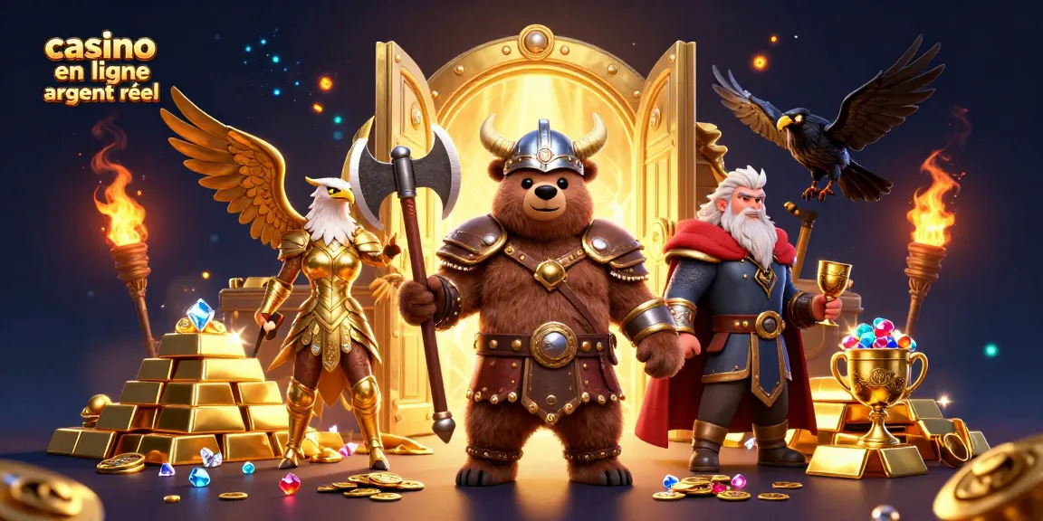 Jouer dans un casino en ligne argent réel avec un ours Viking et une aigle Valkyrie entourés de trésors.