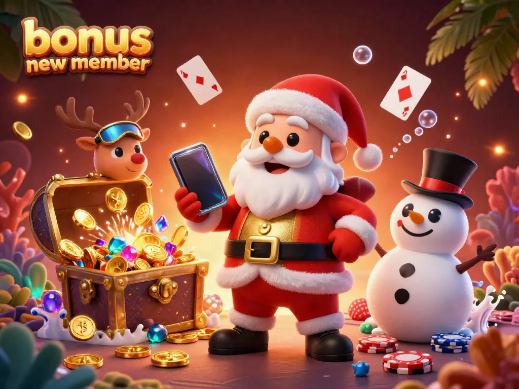 Unleash your luck with our bonus new member, featuring a festive Santa and casino elements in a 3D illustration.
