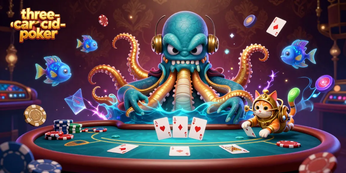Experience thrilling three-card-poker action with dramatic underwater characters and vibrant casino elements.