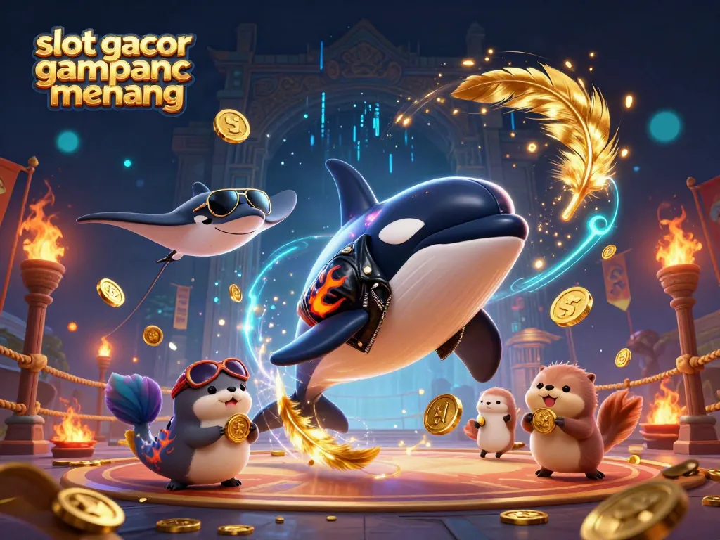 Permainan slot gacor gampang menang dengan karakter orka, stingray, dan berang-berang menampilkan suasana kasino meriah.