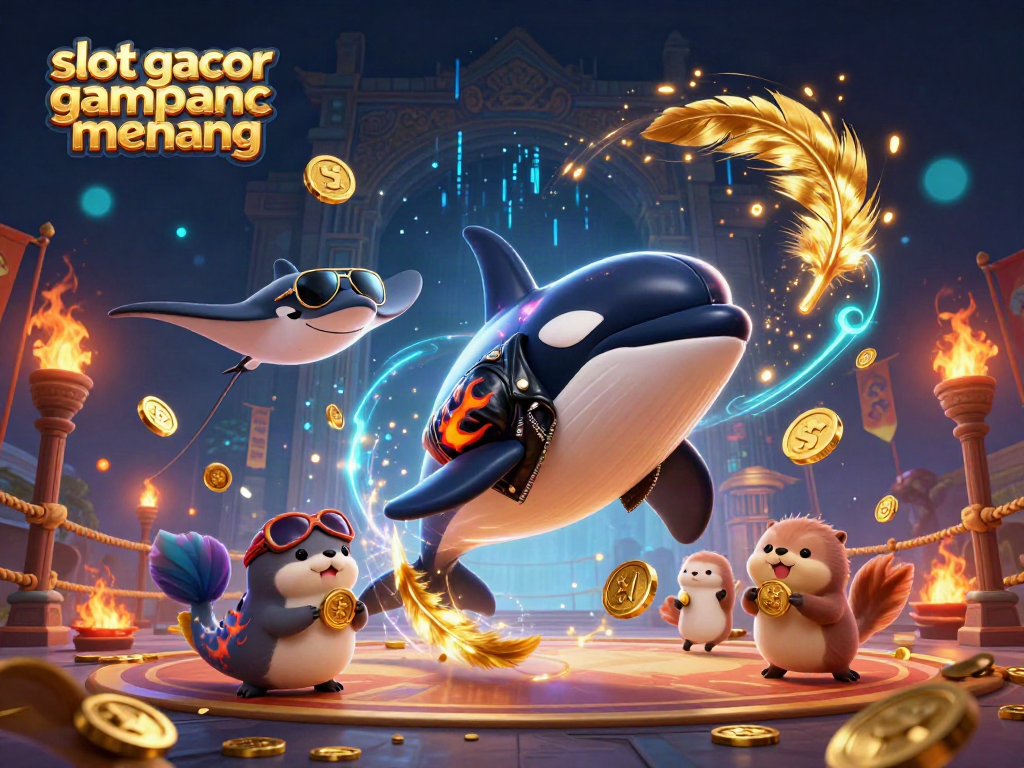 Permainan slot gacor gampang menang dengan karakter orka, stingray, dan berang-berang menampilkan suasana kasino meriah.