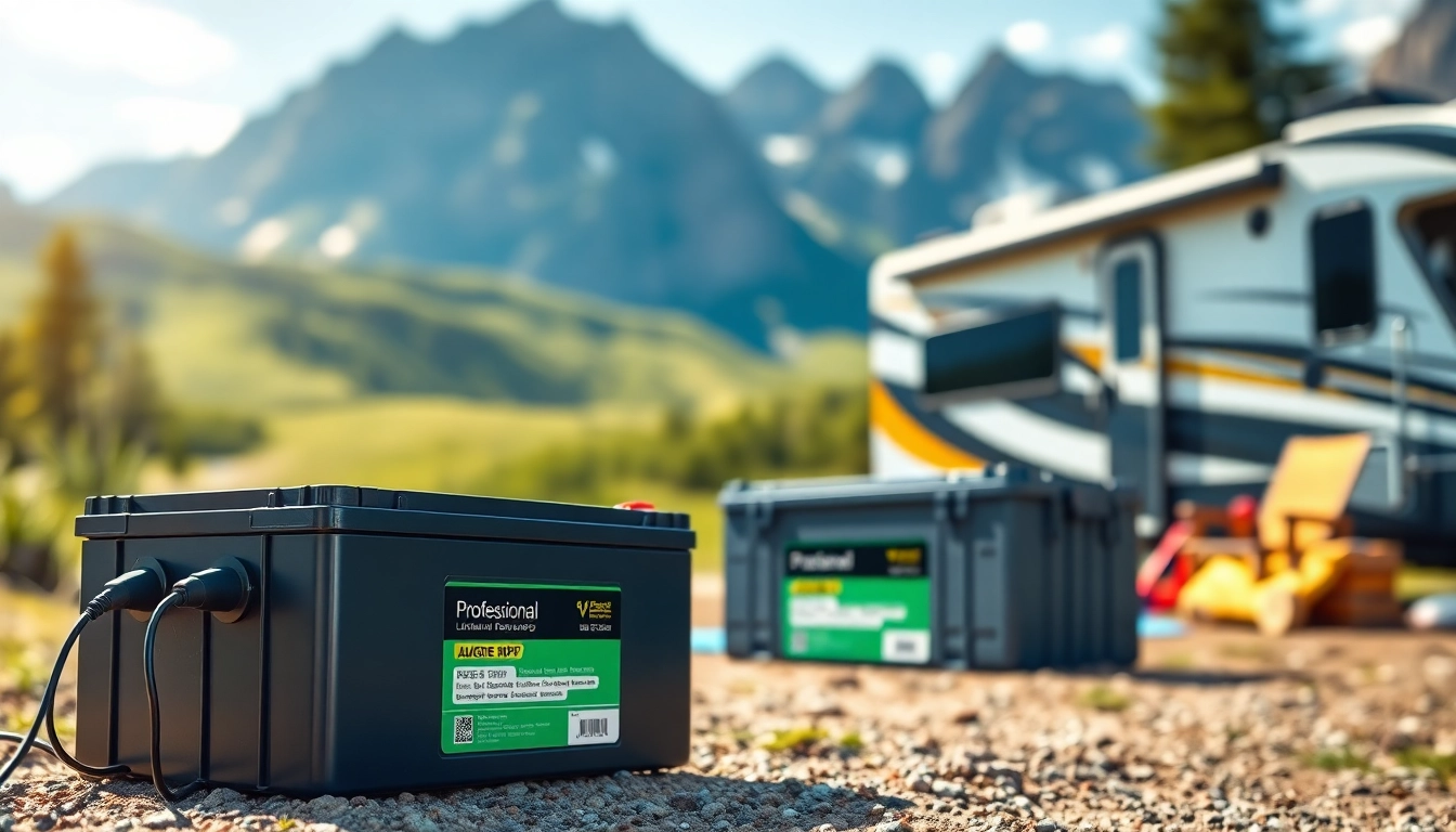 Showcase of lithium RV batteries in a campsite setting highlighting their features and outdoor adventure.