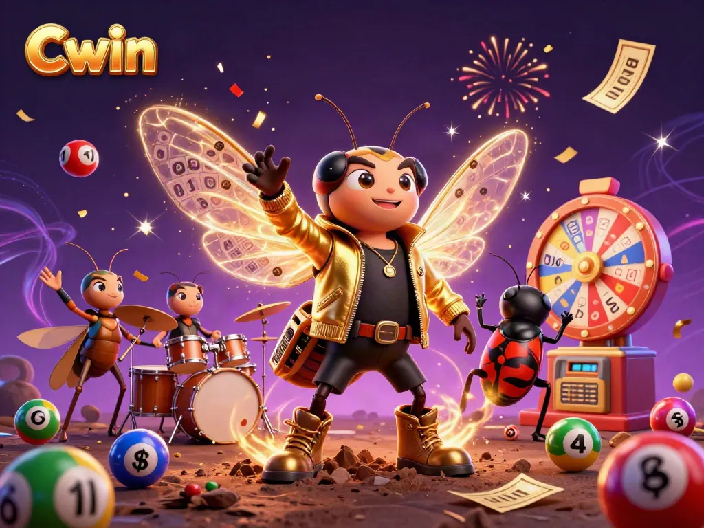 Cwin highlights a vibrant casino scene with dynamic lottery elements and lively cartoon characters.