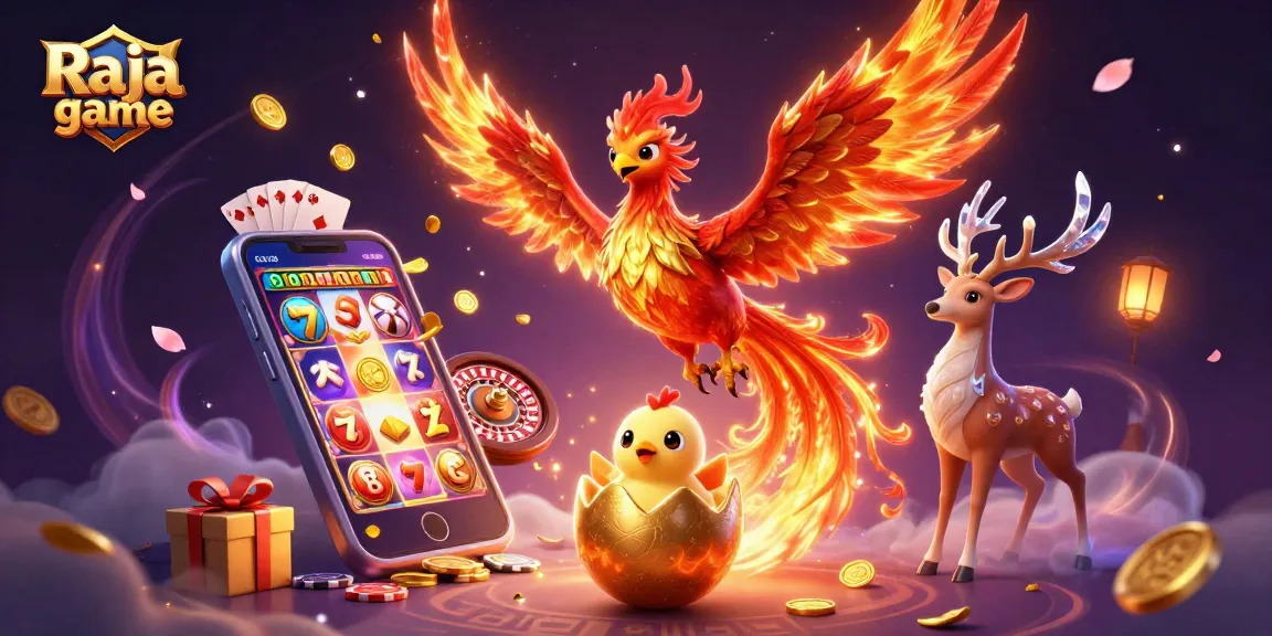 Engage in thrilling Raja game action with a phoenix, golden egg, and mystical stag amid vibrant gaming elements.
