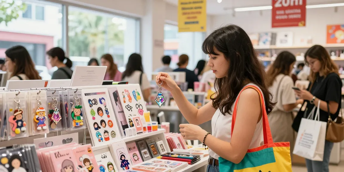 Shopper admiring a Custom Acrylic Diamond Keychain amidst vibrant custom merchandise displays.