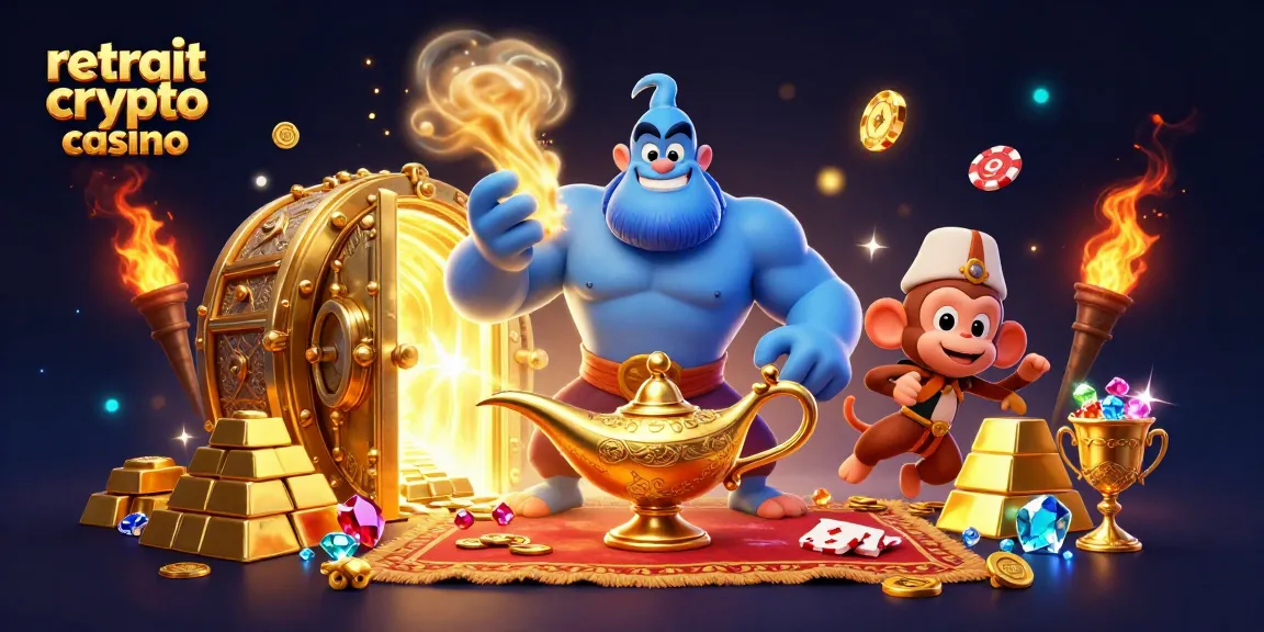 Retrait crypto casino : illustration animée d'un génie et d'un singe sur un tapis magique entouré de richesses.