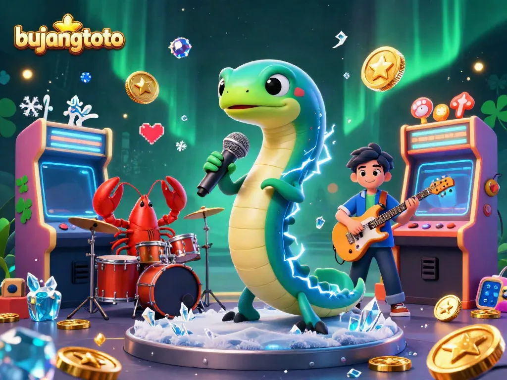 Experience the vibrant world of bujangtoto with an electrifying DJ eel, lobster drummer, and seahorse guitarist in a lively underwater casino stage.