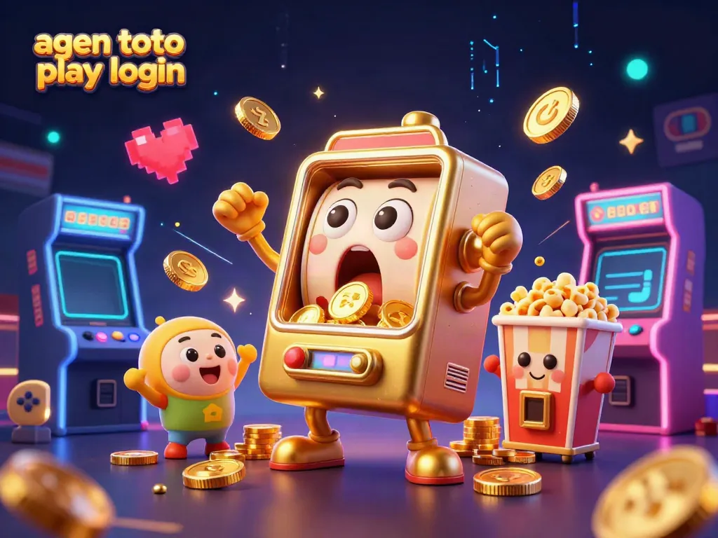 Engage with the agen toto play login as the cheerful slot machine hits the jackpot showering coins.