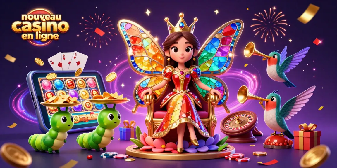 Image colorée représentant un nouveau casino en ligne avec une reine papillon et des jeux de casino.