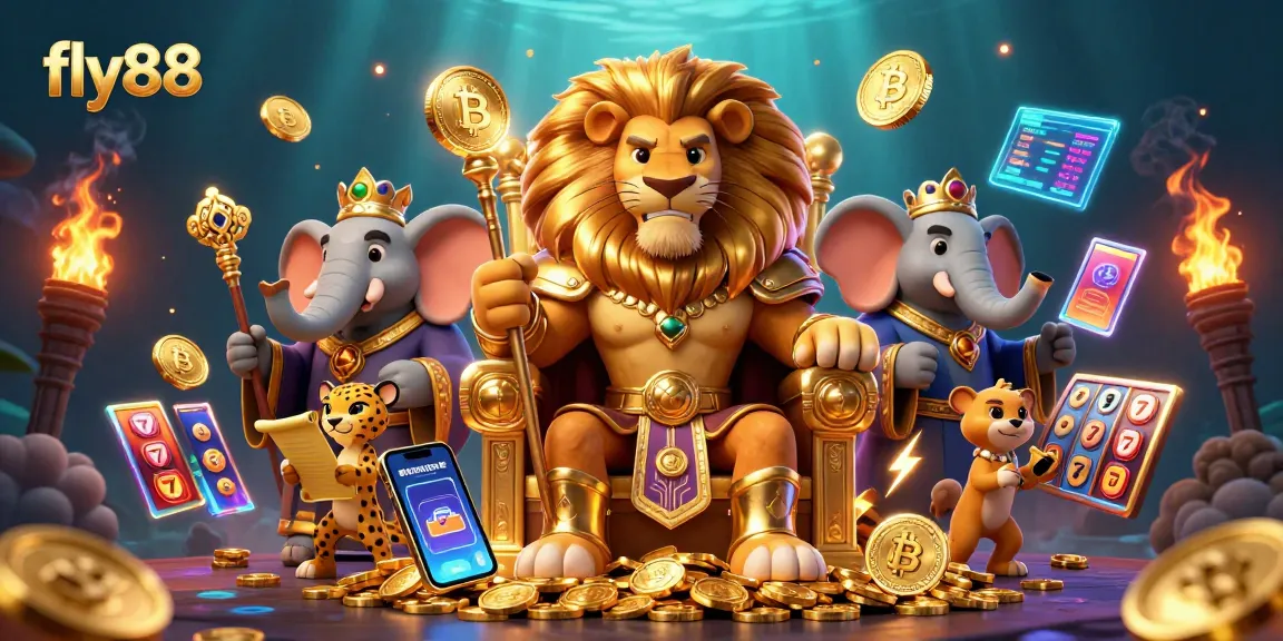 Experience the thrill of fly88 with a majestic casino scene featuring a fierce lion king and rich gaming elements.