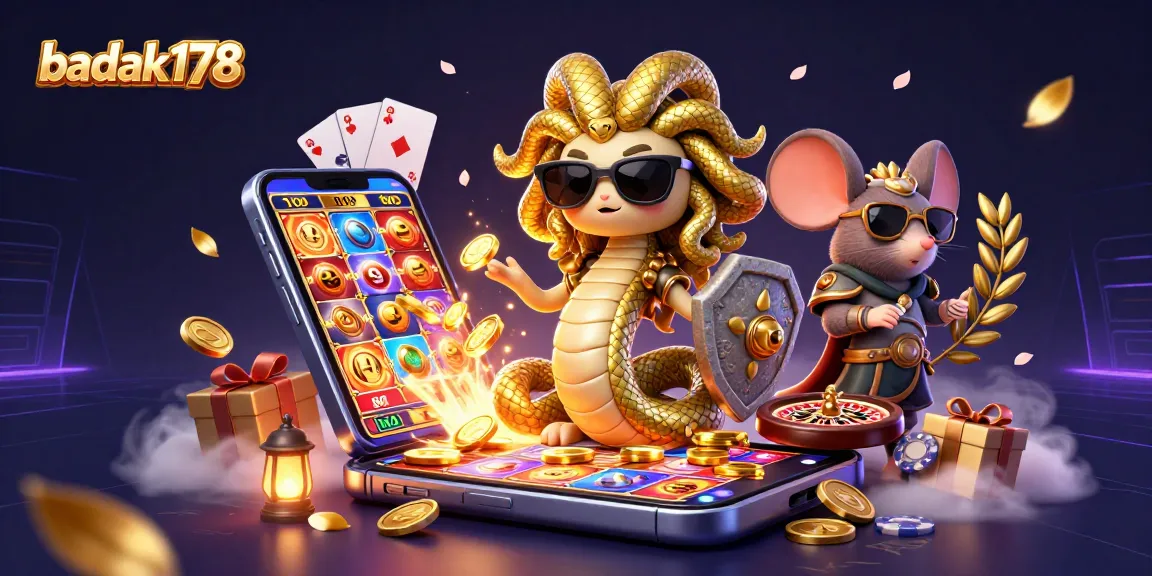 Engage with badak178 in a vibrant casino world featuring Medusa and a warrior mouse!