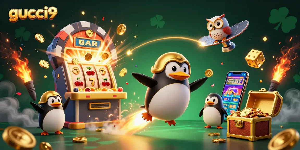 Win big with gucci9 in this vibrant 3D casino-themed illustration filled with slot machines and golden coins.