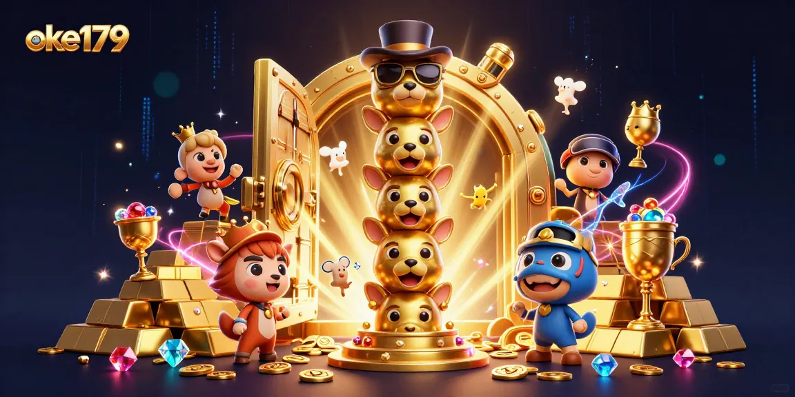 Experience the thrill at oke179 with a vibrant 3D illustration showcasing exciting casino elements and treasures.