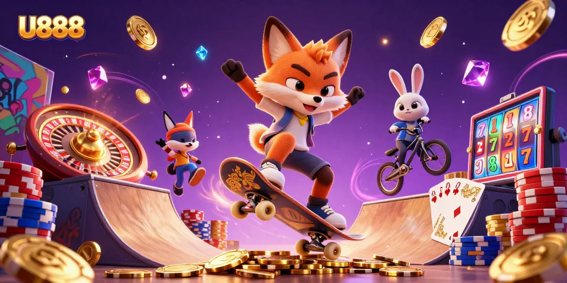Experience the thrill of U888's online casino with a vibrant 3D illustration of gaming action.