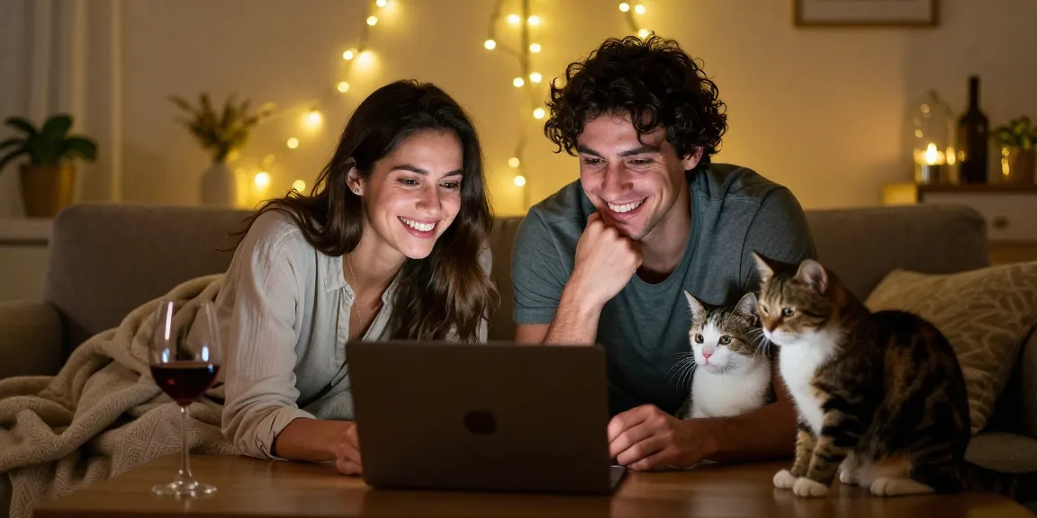 Couple enjoying a virtual sex chat, showcasing intimacy and cozy home settings.