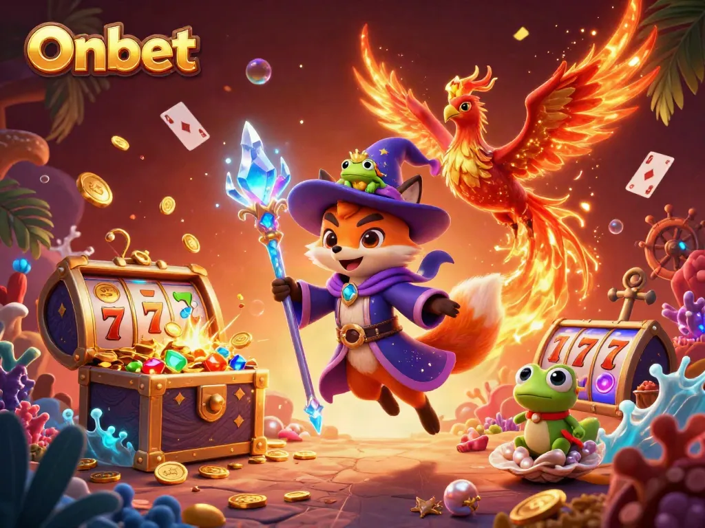 Experience Onbet’s vibrant casino world with a mystical wizard fox, phoenix, and enchanted frog amidst exciting slot games.