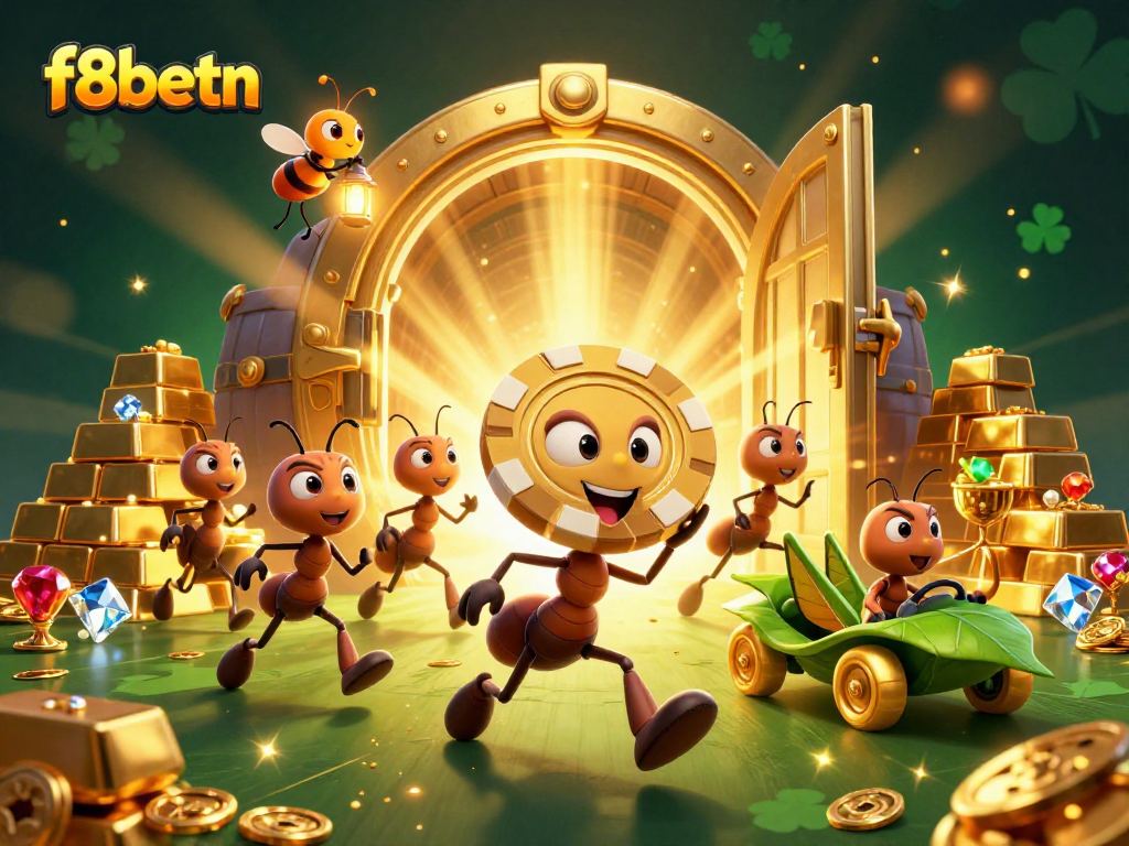 Engage with the excitement of f8betn as ants carry a golden poker chip through a bustling casino heist scene.