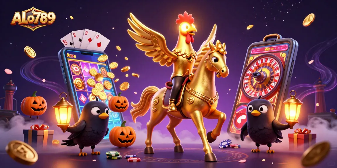 Engage in thrilling cockfighting action at ALo789 with a golden rooster leading the way in a moonlit casino.