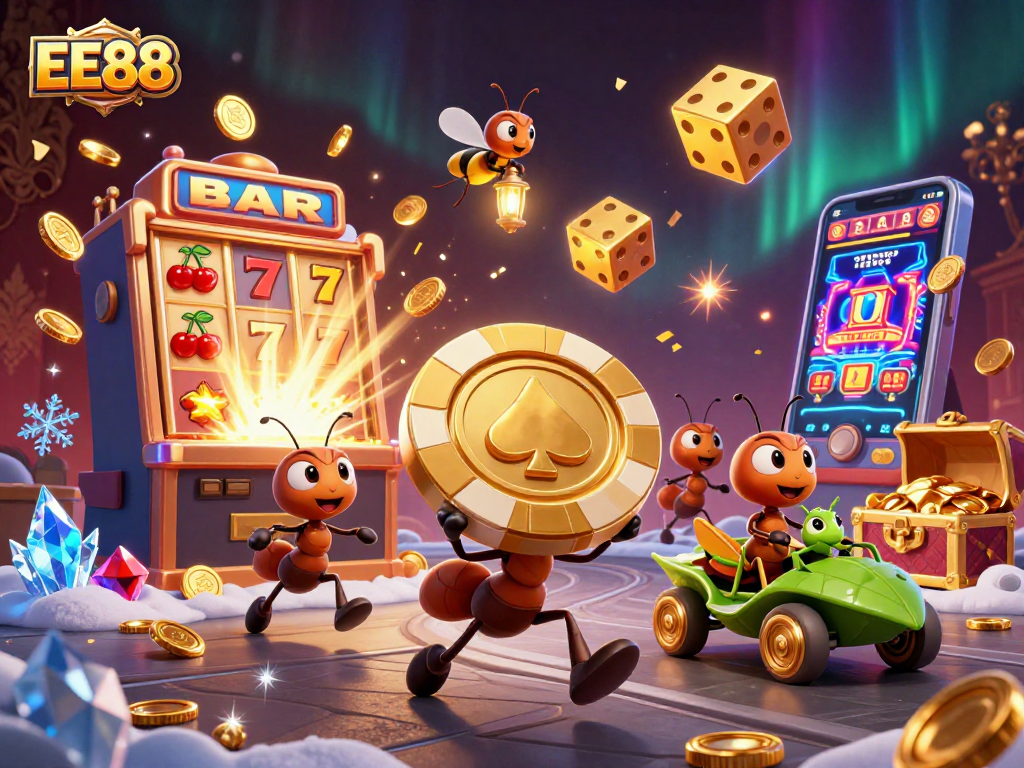 EE88 showcase with cartoon ants planning a heist, vibrant casino elements and a dynamic escape scene.
