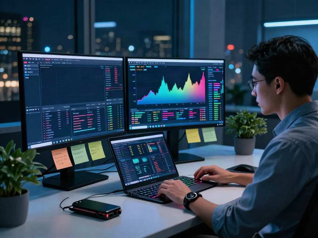 HK stock real-time API depicted on trading monitors with cryptocurrency analysis in a modern office.