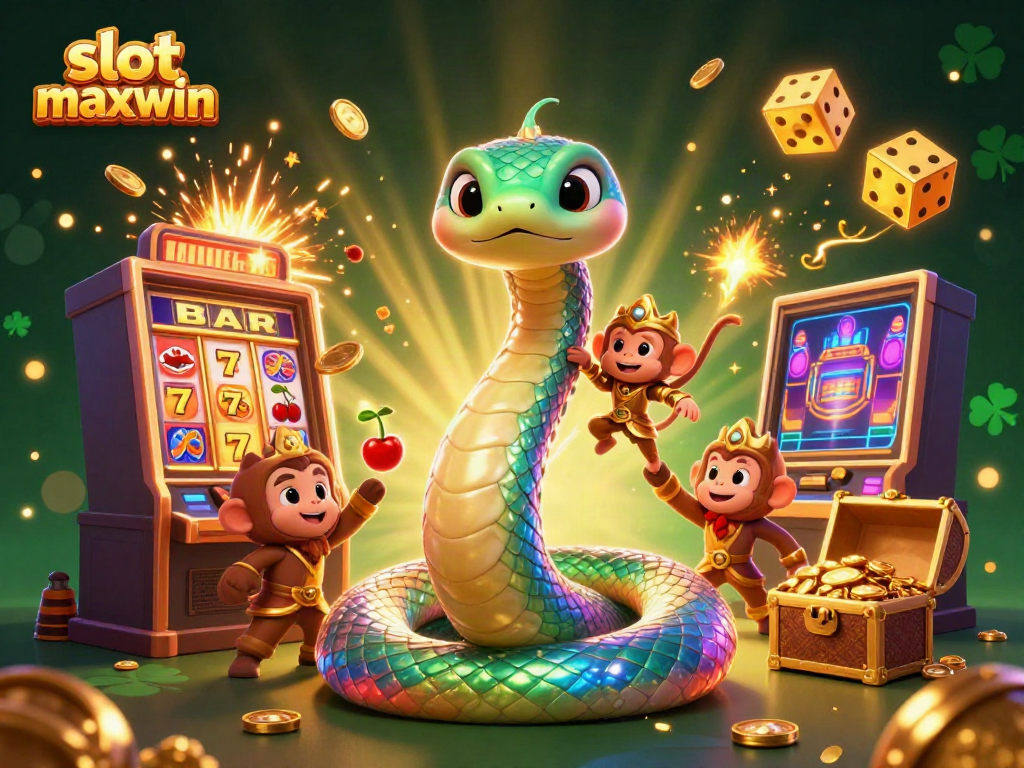 Slot maxwin menghadirkan ilustrasi kasino 3D yang penuh warna dengan simbol jackpot dan karakter menarik.