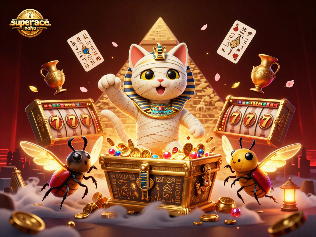 Experience thrilling action in superace-nohu with an Egyptian mummy cat and colorful casino elements.