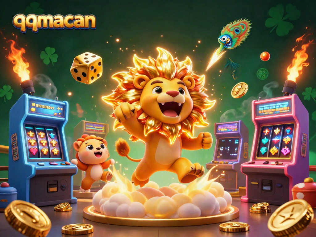 qqmacan showcases a triumphant lion amidst colorful slot game elements and dazzling designs