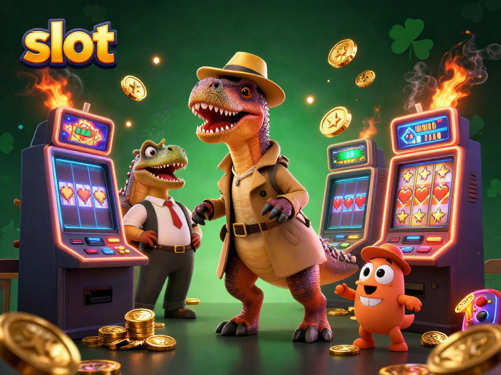Slot mesin yang dikelilingi karakter dinosaurus di kasino, menambahkan suasana taruhan.