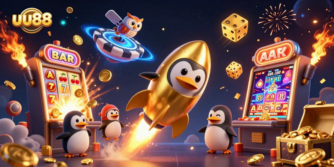 Experience the excitement at uu88 with a golden penguin and dynamic casino elements.
