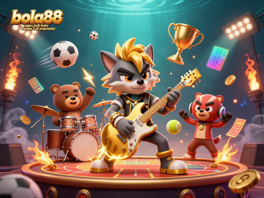 Bola88 agen judi bola nomor 1 di Indonesia showcases a rock star wolf shredding an electric guitar on a vibrant casino stage.