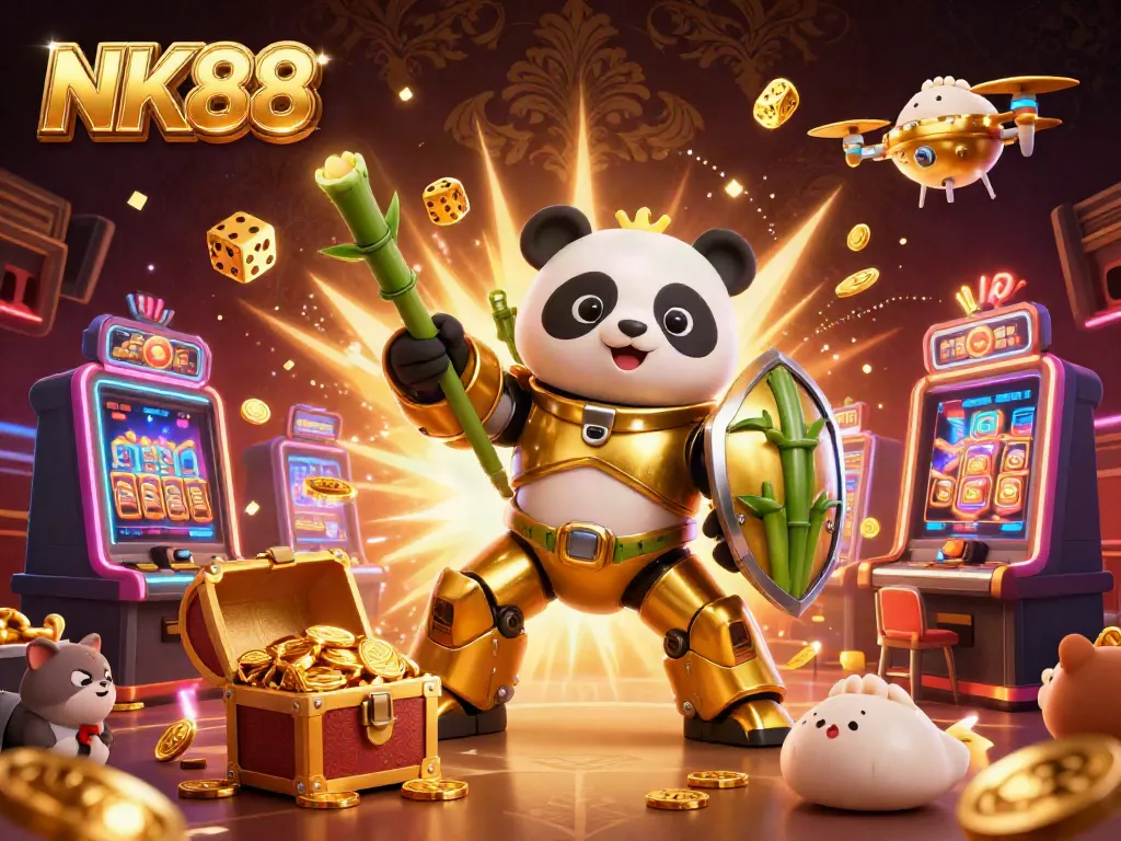 Experience thrilling wins with NK88's vibrant and dynamic online casino illustration filled with jackpots and excitement.